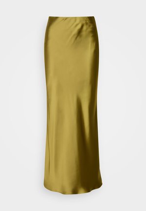 Gonna in satin verde oliva, alta vita, con un design elegante e aderente, forma affusolata e superficie liscia, destinata a uno stile lungo fino al pavimento.