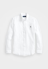 Vit långärmad skjorta med knappar av linne. Har krage, framknäppning och en liten marinblå logotyp på vänster bröst.