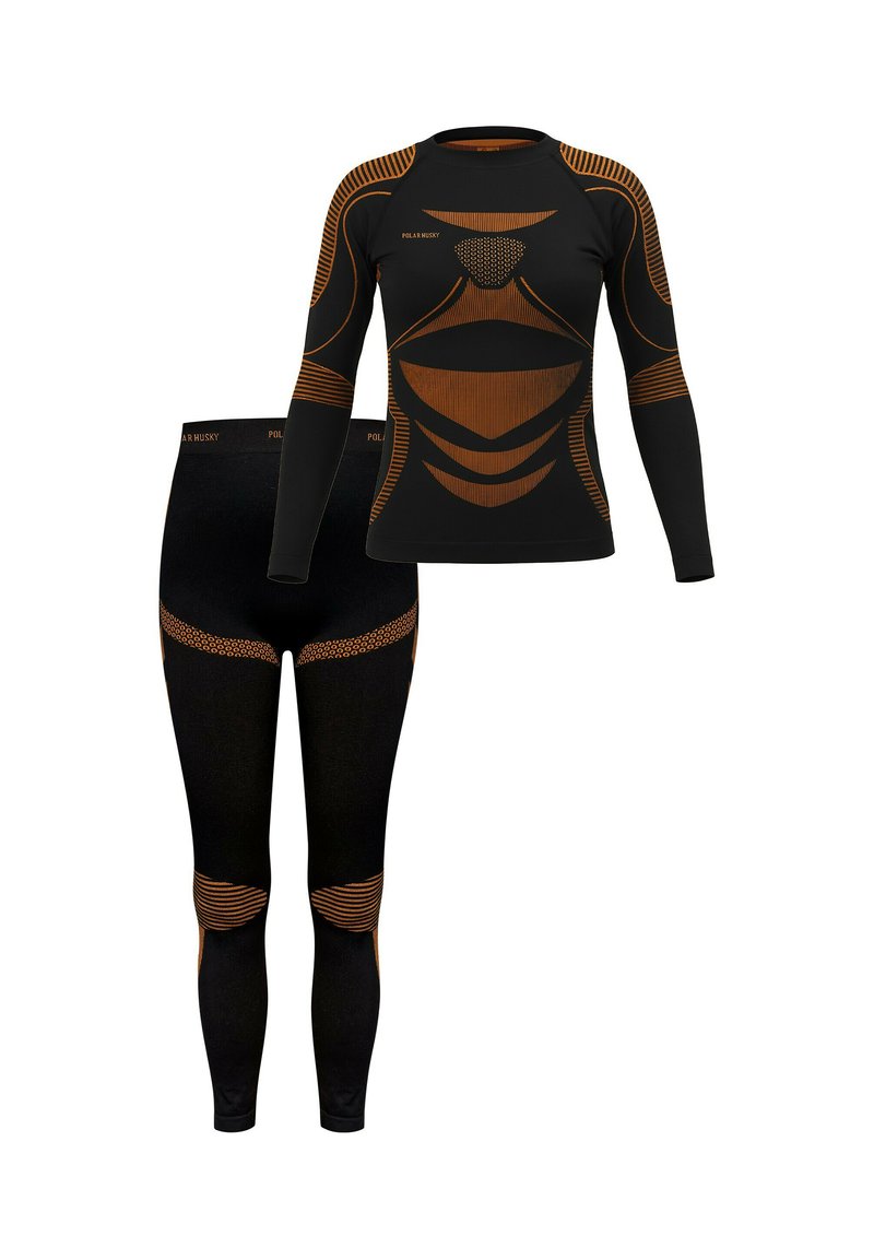 Black thermal long-sleeve top and leggings with orange accent lines and mesh paneling. Fitted design with ribbed texture, ideal for layering.