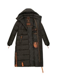 Black long padded coat with orange zipper pulls and branding, partially unzipped showing interior pockets and orange trim details.
