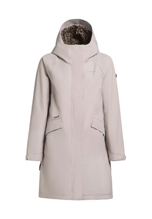 Abrigo impermeable beige con forro de leopardo, que cuenta con una capucha, dos bolsillos laterales y un corte recto.