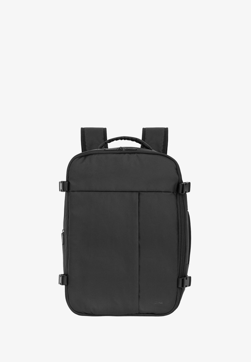 Czarny plecak o prostokątnym kształcie, wykonany z materiału, z wyściełanymi szelkami, górną rączką oraz wieloma zasuwanymi przegrodami.