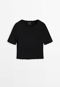 Haut noir à manches courtes avec bords festonnés aux manches, à l'encolure et à l'ourlet, présenté sur un fond blanc.