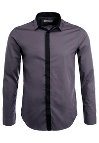 Heren overhemd met lange mouwen in donkergrijs met een contrasterende zwarte frontplacket. Glad, lichtgewicht stof met een klassieke kraag en manchetten.