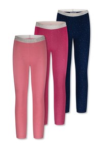 Drie paar leggings: lichtroze, felroze en marineblauw. Elk paar heeft een zilveren glittersluiting en subtiele stippenpatronen.