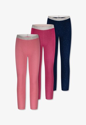 Drie paar leggings: lichtroze, felroze en marineblauw. Elk paar heeft een zilveren glittersluiting en subtiele stippenpatronen.