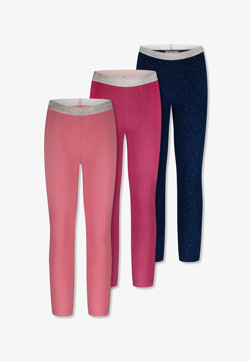 Drie paar leggings: lichtroze, felroze en marineblauw. Elk paar heeft een zilveren glittersluiting en subtiele stippenpatronen.
