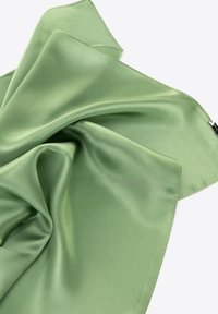Groene satijnen sjaal, met een gladde textuur, elegant gedrapeerd om de glanzende afwerking en subtiele glans te tonen. De randen zijn netjes gestikt.