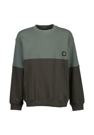 Felpa girocollo con parte superiore a coste in verde tenue e parte inferiore liscia marrone scuro, con piccola toppa nera sul petto.