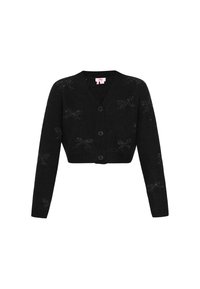 Cardigan nero corto con scollo a V, maniche lunghe, cinque bottoni e un delicato motivo a stelle. Realizzato in un materiale morbido e testurizzato.
