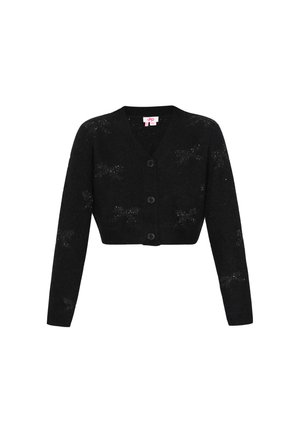 Sort cropped cardigan med V-udskæring, lange ærmer, fem knapper og et subtilt stjernemønster. Fremstillet af et blødt, struktureret materiale.