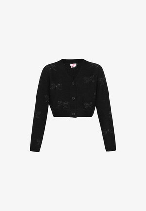 Black cropped cardigan with a V-neck, long sleeves, five buttons, and a subtle star pattern. Made of a soft, textured material.