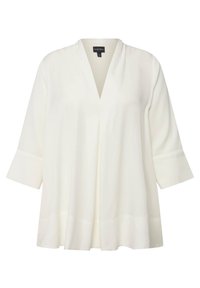 Weiße Bluse mit V-Ausschnitt, dreiviertellangen Ärmeln und einem fließenden, plissierten Design aus weichem Material.