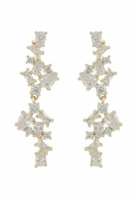 Guldtonade örhängen som har en rad av klara, fasetterade ädelstenar i päron-, rund- och rektangulära former, arrangerade i en kaskaddesign.