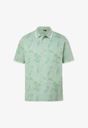 Jasnozielona koszulka polo z krótkim rękawem, subtelnym liściastym wzorem oraz kołnierzykiem i krawędziami rękawów wykończonymi białą lamówką.