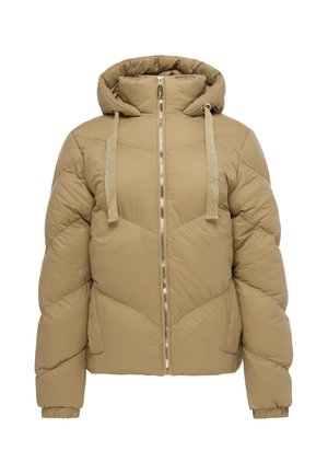Beige gesteppte Jacke mit Kapuze, Frontreißverschluss, Kordelzügen, elastischen Bündchen und Seitentaschen, dargestellt auf weißem Hintergrund.