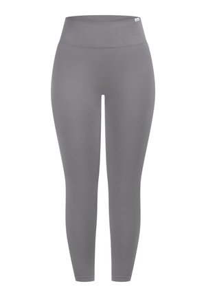 Gray leggings with a high waistband, made from a smooth, stretchy material. Features a fitted shape and ankle-length style.