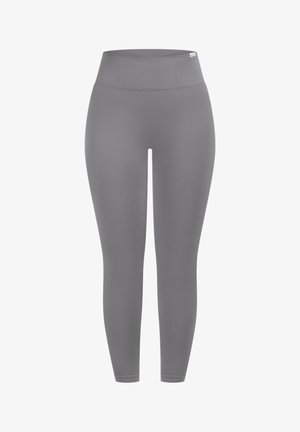 Gray leggings with a high waistband, made from a smooth, stretchy material. Features a fitted shape and ankle-length style.