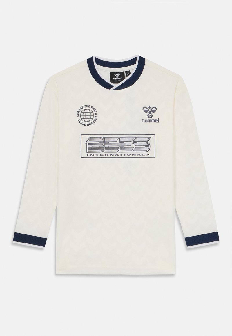Lange mouw crèmekleurig jersey met marineblauwe accenten. Voorzien van een geweven zigzagpatroon, logoprints en een ronde halslijn.