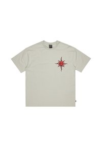 Light gray cotton t-shirt with short sleeves, featuring a red sun graphic on the left chest area. Classic crew neck design.