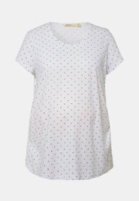 Top de maternidad blanco de manga corta con lunares azul marino, cuello redondo, corte holgado y paneles laterales para mayor comodidad. Tejido suave de mezcla de algodón.