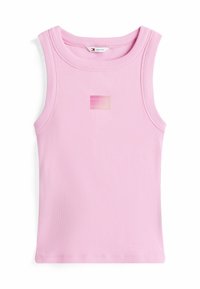 Roze geribbelde mouwloze tanktop met een vierkant logo in een gradient ontwerp. Zachte textuur en een aansluitende pasvorm.