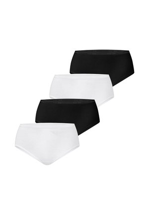 Vier Damen-Slips in abwechselnden Schwarz- und Weißtönen, diagonal auf einem weißen Hintergrund angeordnet.