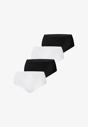 Vier damesonderbroeken in afwisselende zwarte en witte kleuren, diagonaal gerangschikt op een witte achtergrond.