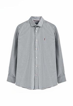 Camicia con bottoni in un motivo vichy bianco e nero, con colletto, maniche lunghe e un piccolo logo rosso sul petto.