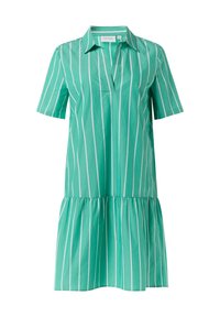 Kurzärmliges Kleid in einfarbigem Türi mit weißen vertikalen Streifen, mit einemkragen und einem ausgestellten, gerafften Schößchen. Aus Baumwollmaterial.