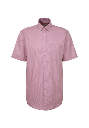 Kurzarmhemd aus hellrosa Stoff mit einem Button-Down-Kragen, einer Brusttasche und einem gemusterten Innenkragen.