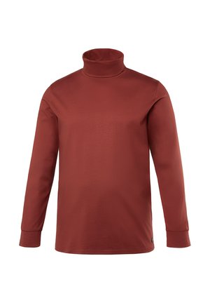 Pitkähihaine turtleneck-paita syvän punertavassa värissä, pehmeästä kankaasta, jossa on sileä tekstuuri. Varustettu korkealla kauluksella ja istuvilla hihoilla.