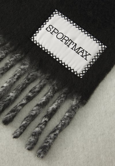 Black wool scarf featuring a white label with "SPORTMAX" and decorative stitching. Edges have long, twisted fringe details in gray.