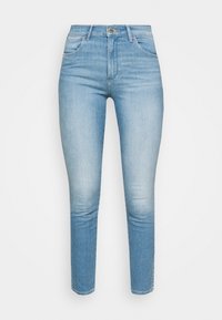 Ljusblå skinny jeans med hög midja, med fem fickor, metallknappsstängning och subtila blekningar längs benen.