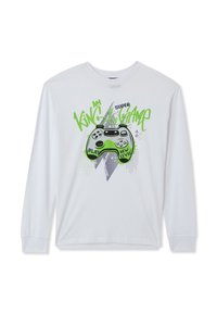 T-shirt a maniche lunghe bianco con una grafica di un controller di gioco in verde e nero, con il testo "Re del Gioco" in lettere grassetto.
