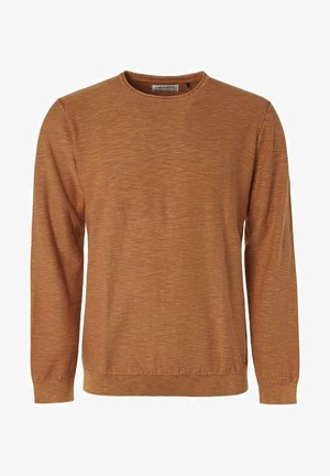 Maglione marrone a maniche lunghe con scollo rotondo, polsini e orlo a coste, tessuto strutturato e una piccola etichetta del marchio visibile all'interno del colletto.