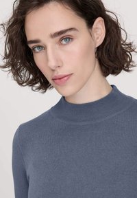 Pullover trui met een hoge, ribbelige halslijn. Gemaakt van een zachte, middelzware brei in een gedempt blauwe kleur. Aansluitend ontwerp met minimale details.