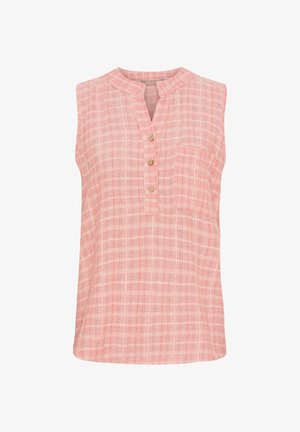 Ermeløs lyserød ternet top fremstillet af letvægtsstof, med en lille lomme på forsiden, en klippet krave og knaplukning.