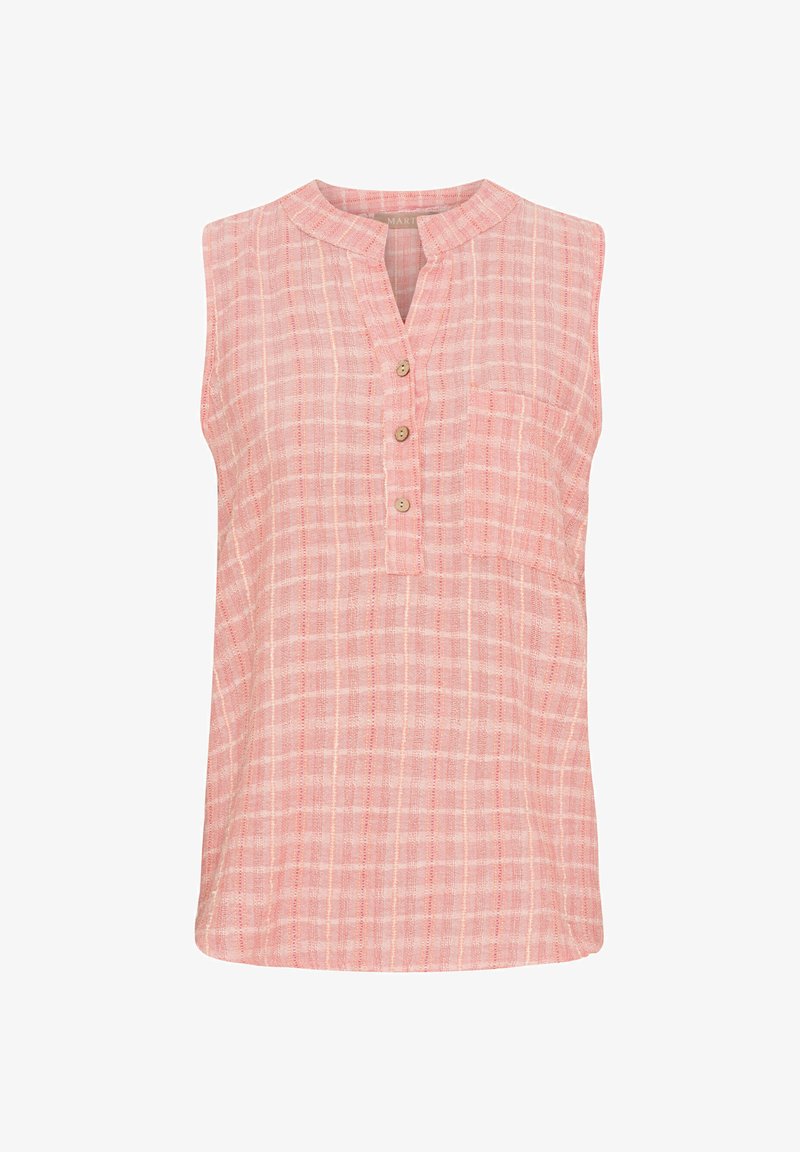 Ermeløs lyserød ternet top fremstillet af letvægtsstof, med en lille lomme på forsiden, en klippet krave og knaplukning.