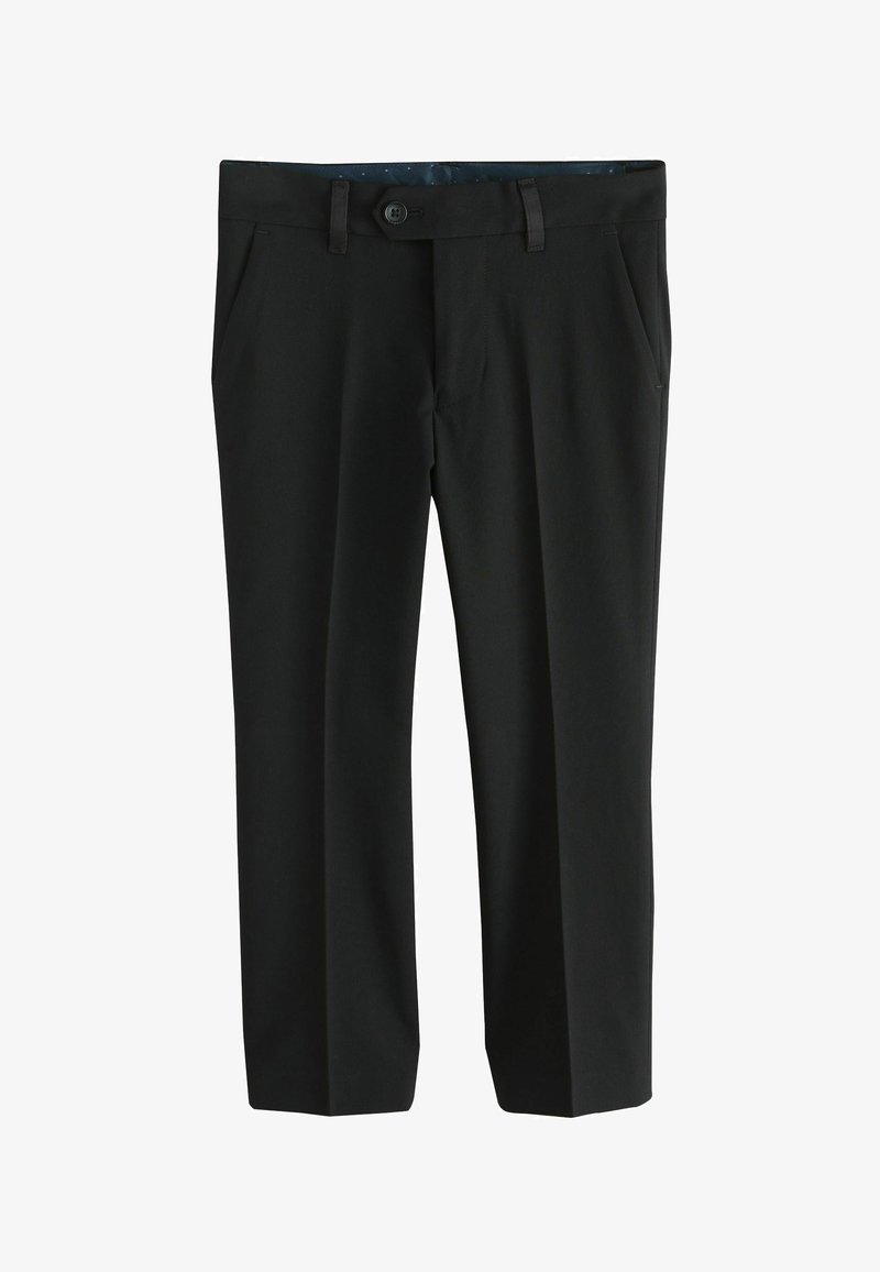 Pantalon habillé noir sur mesure avec fermeture à bouton et glissière, poches latérales et passants pour ceinture, présenté sur un fond blanc.