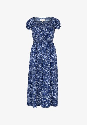 Vestido midi azul con estampado abstracto blanco, con corsé fruncido, mangas cortas abullonadas y diseño de falda fluida. Textura de tela liviana y suave.