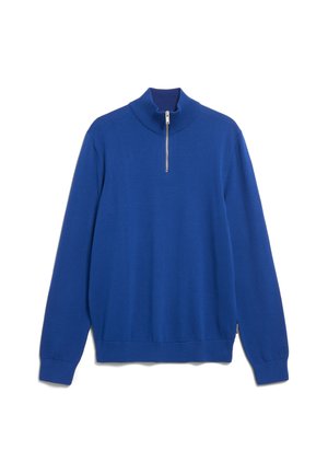 Pullover blu con colletto alto e chiusura a metà cerniera. Realizzato in materiale morbido, presenta polsini e orlo a coste, con una texture liscia.