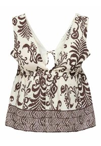 Top sans manches à motifs marron et blanc, présentant un décolleté en V profond, un détail à nouer à l'avant et un bas évasé avec un ourlet géométrique.