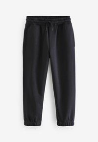 Schwarze Jogginghose aus weichem Stoff mit elastischem Bund, verstellbarem Kordelzug und schmal zulaufenden Säumen an den Knöcheln. Zwei Seitentaschen.
