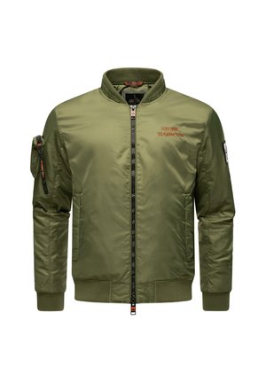 Olivgrüne Bomberjacke aus Satinmaterial, mit einem Frontreißverschluss, gerippten Bündchen und einem gestickten Logo auf der Brust.
