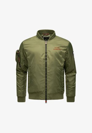 Giacca bomber verde oliva realizzata in tessuto satinato, con chiusura frontale a zip, polsini a coste e logo ricamato sul petto.
