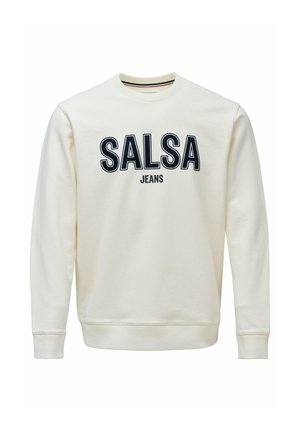 Sudadera crema con el texto en negrita "SALSA" y "JEANS" en azul marino, cuello redondo acanalado y puños elásticos. Tejido suave con una textura lisa.