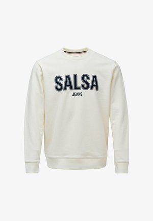 Kremna μπλούζа z dolgimi rokavi z izrazitim mornarsko modrim napisom 'SALSA' in 'JEANS', rebrastim okroglim vratnim izrezom in elastičnimi manšetami. Mehak material z gladko teksturo.