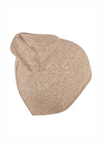 Beige felt beanie featuring a rounded top and slouchy design. Soft texture with subtle variations in color and smooth seams.