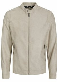 Beige faux leather jacket with a stand-up collar, front zipper, and side pockets. Features a smooth texture and minimal stitching details.